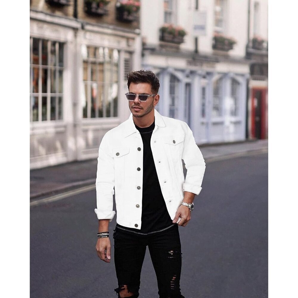 Mens White Denim Jacket Washed Ripped Distressed Stretch Casual Trucker - Picture 5 of 8